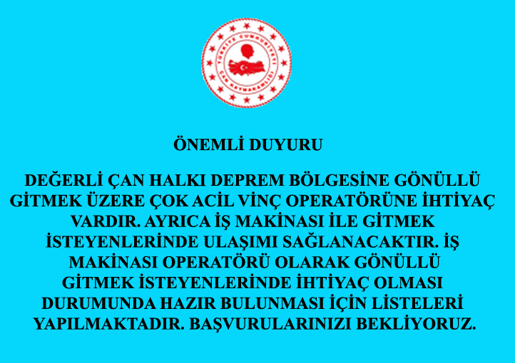 Deprem Bölgesine Gönderilmek Üzere İş Makinası Operatörleri Aranıyor